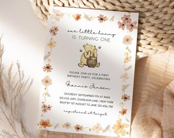 Winnie the Pooh Birthday Invitation Girl, Classic Winnie the Pooh First Birthday Invite, Digital Evite, Girl First Birthday, winine 1st