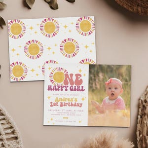 One Happy Girl Birthday Invite, 1st Birthday Invitation, Girl First Birthday Invitation, Retro Sun Invitation, Sunshine, Boho One Happy Girl