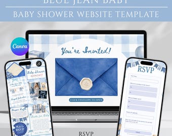 Website-Vorlage für eine Babyparty in Jeansblau, Save-the-Date-Karte für eine Babyparty in Jeansblau, Website für eine Babyparty im Denim-Stil, Canva-Vorlage für eine Babyparty für Jungen