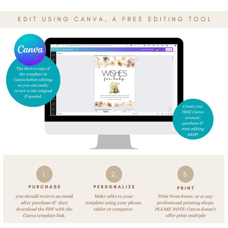 May include: A computer screen displaying a Canva template for a baby shower card. The card features a light brown bear with a light brown bow tie and the text "Wishes for baby". The text "Create you FREE Canva account, purchase & start editing ASAP!" is displayed on the right side of the screen. The text "1. Purchase", "2. Personalize", and "3. Print" is displayed below the screen.