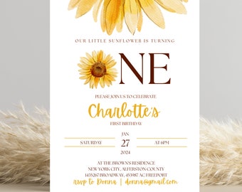 May include: A sunflower-themed first birthday party invitation with a watercolor sunflower design. The invitation says "Our little sunflower is turning one" and includes the name "Charlotte's" and the date "January 27, 2024".