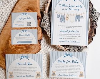 Einladungsset zur Babyparty in Jeansblau, Denim-Babyparty-Set, Ein Baby in Jeansblau ist unterwegs, Canva-Vorlage für eine Babyparty für Jungen