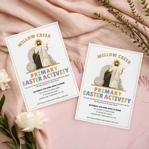 Pu&ograve; includere: Due inviti per un'attivit&agrave; pasquale primaria di Willow Creek. Gli inviti presentano un'illustrazione di Ges&ugrave; Cristo e testo in vari colori. Lo sfondo &egrave; un tessuto rosa con fiori e vegetazione.