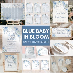 Blue Baby in Bloom Baby Shower bundle, Blue Wildflower Baby Shower, Editable template, baby boy in bloom, boy baby shower