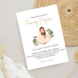 Pode incluir: Um cartão de convite branco com uma borda dourada e texto. O cartão apresenta uma ilustração de Jesus Cristo com uma túnica branca e uma borda de folhas verdes. O texto diz "Por favor, junte-se a nós para o nosso Programa Primário", "Willow Creek Ward", "Domingo, 21 de abril de 2024 | 10:00 AM", "A Igreja de Jesus Cristo dos Santos dos Últimos Dias", "Linha de endereço 1 Insira aqui, Cidade 123", "Linha de endereço 2 Insira aqui", e "todos são bem-vindos!"