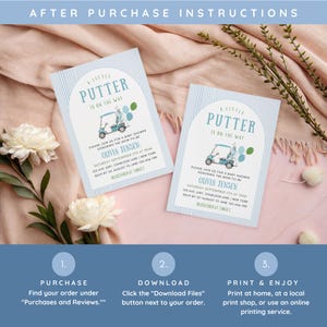 May include: Two baby shower invitations with a golf cart design. The invitations are light blue with white stripes and feature the text "A Little Putter is on the Way." The invitations include the name Olivia Jensen and event details.