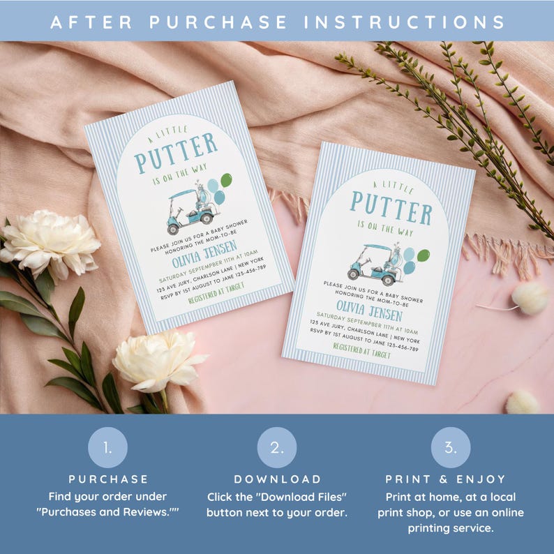 May include: Two baby shower invitations with a golf cart design. The invitations are light blue with white stripes and feature the text "A Little Putter is on the Way." The invitations include the name Olivia Jensen and event details.
