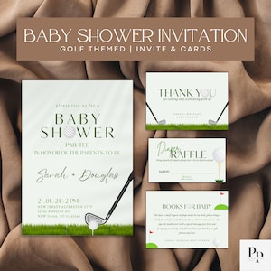 Uitnodigingsset babyshower golfthema - bedankt, boeken voor baby's en luierloterijkaarten - bewerkbare set babyshowersjablonen