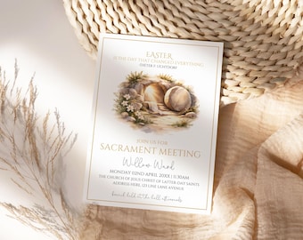 LDS Easter Sunday Sacrament Meeting Invitation, He Is Risen Invite, Editable Canva Template, Church Easter Invitation