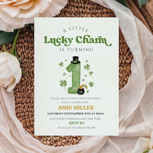 Lucky Charm First Birthday Invitation Template - St Patricks 1st Birthday, a little lucky charm is turning one, lucky one, editable template