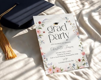 Wildflower Graduation Party Invitation - Senior Announcement, Grad Announcement, College grad party, editable template, 2025 grad invitation