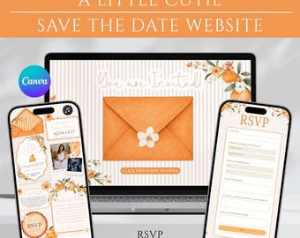 Website-Vorlage für eine Babyparty mit dem Motto „Kleiner Schatz“, „Ein kleiner Schatz ist unterwegs“, „Save the Date“ für eine Babyparty mit Zitrusmotiv, Canva-Website für eine Babyparty mit Orangenmotiv