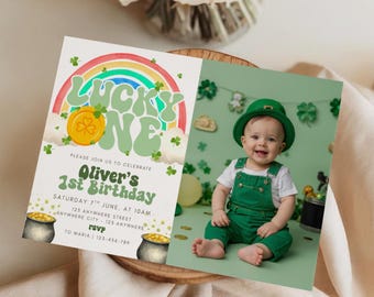 Lucky One First Birthday Invitation, St Patrick’s Day Birthday Invite, Lucky One Party, Editable Canva Template, little lucky charm