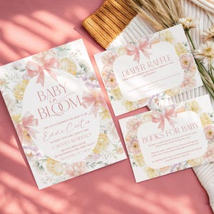 Pink Bow Baby In Bloom Baby Shower Invitation Suite, Floral Baby Shower, Girl Baby in Bloom Shower Invite, template, wildflower baby shower