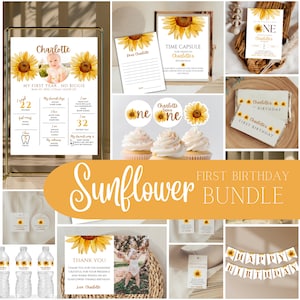Sunflower First Birthday Bundle - Sunflower themed Printable Party Decorations & Invitations, First birthday invitation and decorations