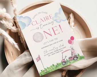 Pink Golf 1st Birthday Party Invitation Template, golf birthday, Hole In One Boy Golf First Birthday Invitation, Golf Par-Tee Invite