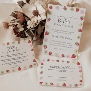 Berry Sweet Baby Shower Invitation Set, strawberry baby, berry themed baby shower, books for baby, instant download, strawberry shortcake