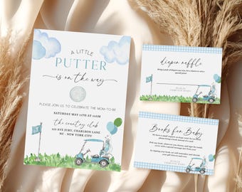 Könnte beinhalten: Babyparty-Einladungen und -Beilagen mit Golf-Motiv. Die Haupteinladung zeigt den Text "A Little Putter is on the Way" mit einer Golfball-Grafik und einer Golfwagen-Illustration. Zusätzliche Karten beinhalten eine Windel-Tombola und eine Bitte um Bücher.