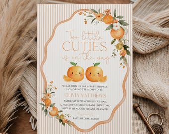 Two Little Cuties Baby Shower Invitation template, Orange Citrus Themed baby shower invite, twin baby shower, canva templates