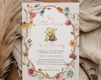 Wildflower Winnie the Pooh Baby Shower Invitation, Vintage Pooh Baby Shower Invite, Floral Pooh Bear Shower, Hunny Shower, Template