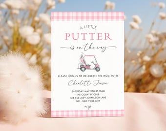Pink Golf Baby Shower Invitation Template, golf shower, a little putter is on the way, golf themed shower, editable template, lets par-tee