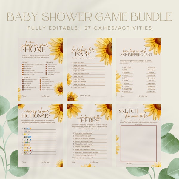 Sunflower Serenity Baby Shower Games Bundle - 27 Canva Editable Templates, Floral Fun for a Blooming Celebration