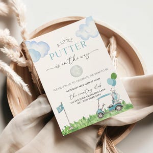 Modello di invito per baby shower a tema golf, baby shower a tema golf, un piccolo putter è in arrivo, baby shower a tema golf, modello modificabile, andiamo a festeggiare