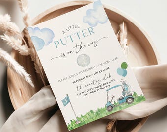 Golf Baby Shower Invitation Template, golf shower, a little putter is on the way, golf themed shower, editable template, lets par-tee