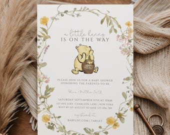 Classic Winnie the Pooh Baby Shower Invitation, Pooh Bear Baby Shower Invite, Floral Pooh Invitation, Editable Canva Template