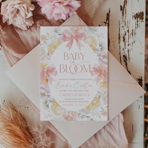 Pink Bow Baby In Bloom Baby Shower Invitation, Floral Baby Shower, Girl Baby in Bloom Shower Invite, template, wildflower baby shower