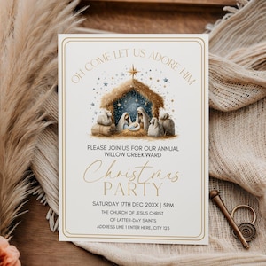 May include: A cream-coloured Christmas party invitation with gold accents. The invitation features a nativity scene illustration and the text "OH COME LET US ADORE HIM." The text "Christmas PARTY" is in elegant script. Additional text includes event details.