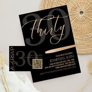 Ensemble d'invitations pour 30e anniversaire sur le thème noir et or avec numérisation de code QR - Carte d'invitation, Evite et RSVP imprimable et numérique