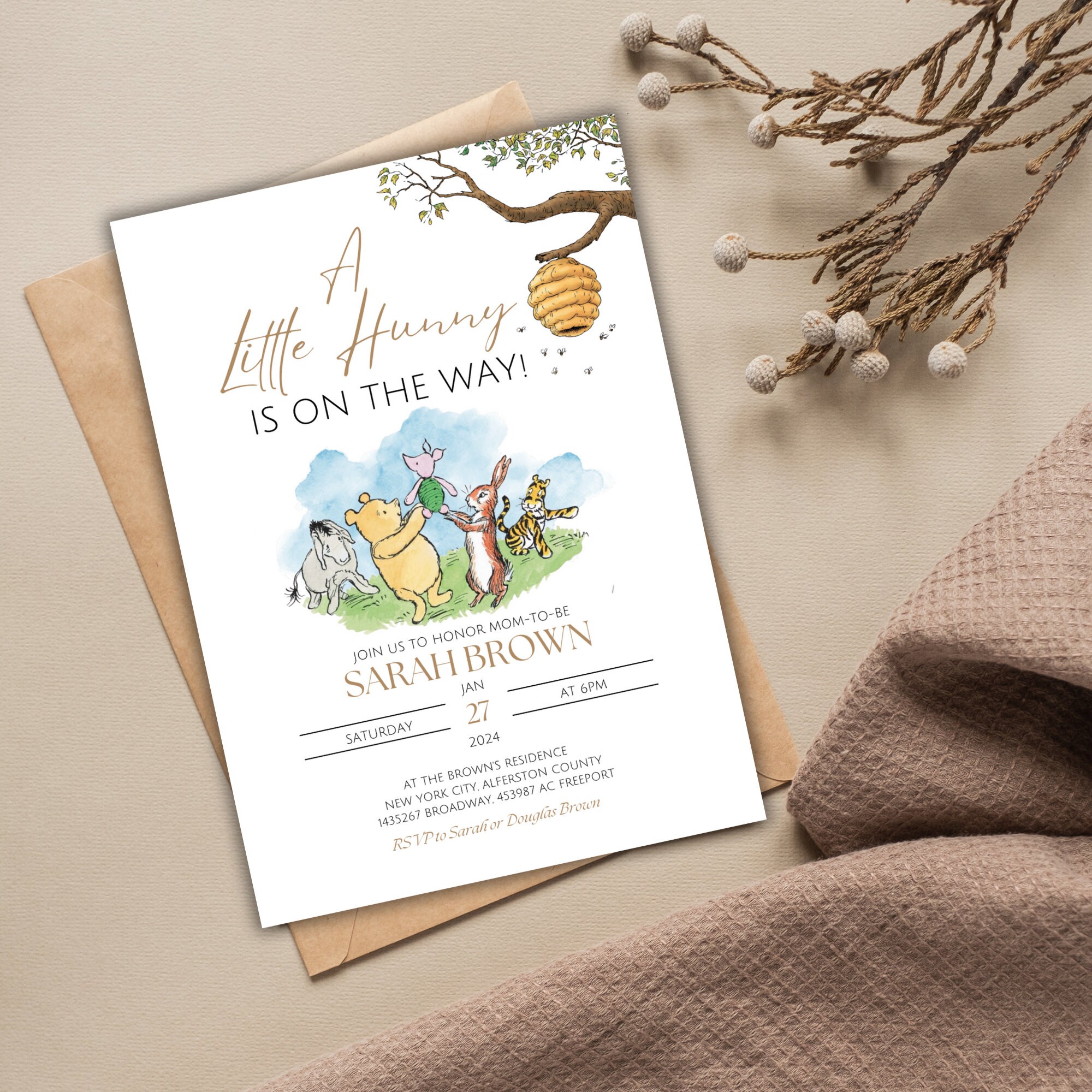 Classic Winnie the Pooh Baby Shower Invitation A Little Hunny is on the