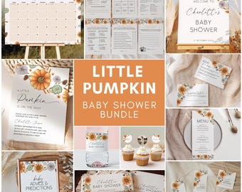 Paquete de baby shower con pequeña calabaza, paquete de baby shower con temática de otoño, plantilla, una pequeña calabaza está en camino, baby shower de otoño