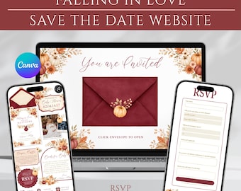 Website für eine Babyparty zum Thema „Verliebt sein“, Save-the-Date-Karte für eine herbstliche Babyparty, digitale Einladung zur Babyparty, Canva-Website-Vorlage für den Herbst