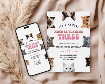 Cat Themed Birthday Invitation, Editable template, Cat Birthday Invite, Cat Birthday Invite, Cat Invitation, are you kitten me Invitation