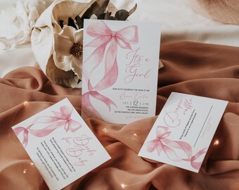 May include: Three pink and white baby shower invitations with watercolor illustrations of pink bows. The main invitation reads "It's a Girl" and includes the date and time of the event. The other two invitations read "Diaper Raffle" and "Dash's Baby".