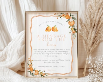„Zwei kleine Süße“ – Botschaft vom Babybauch-Schild, Schild zur Zwillings-Babyparty, Babyparty „Kleine Süße“, Orange-Thema, Canva-Vorlage