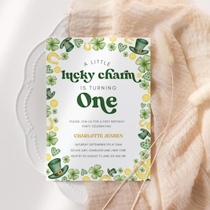 Lucky Charm Erster Geburtstag Einladung Vorlage - St Patricks 1st Geburtstag, ein kleiner Glückbringer dreht sich eine, glückliche, bearbeitbare Vorlage