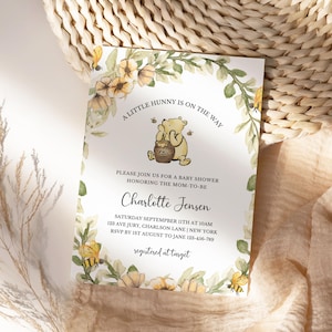 Classic Winnie The Pooh Baby Shower Invitation Template, editable winnie the pooh invitation, winnie baby shower invite, greenery and bees