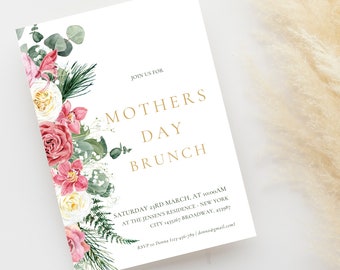 Mother's Day Brunch Invitation, Floral Brunch Invitation, Wildfloral arrangement Brunch Invite - Editable and printable Canva Template