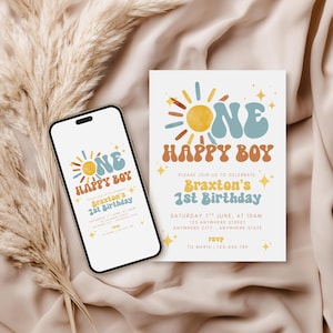 Invito di compleanno per un ragazzo felice, invito per il primo compleanno di un ragazzo, invito per il primo compleanno, invito con sole retrò, sole splendente, boho One Happy Boy