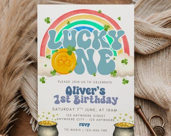 Blue Lucky One First Birthday Invitation, St Patrick’s Day Birthday Invite, Lucky One Party, Editable Canva Template, little lucky charm
