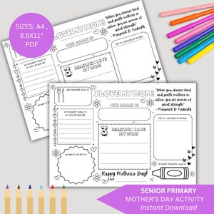 Puede incluir: Una hoja de actividad imprimible para el Día de la Madre para niños. Presenta una ilustración en blanco y negro de un corazón con las palabras "¡Amo a mi mamá!" y espacio para que los niños escriban sobre su mamá. La hoja incluye indicaciones como "Mi mamá es la mejor en..." y "Mis cosas favoritas para hacer con mi mamá son..."