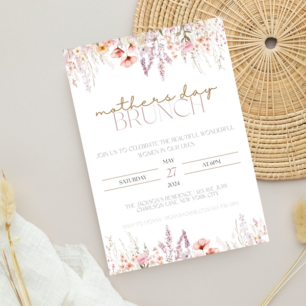 wildflower mothers day brunch invite, template, wildflower brunch invite, instant download, Mothers day invite