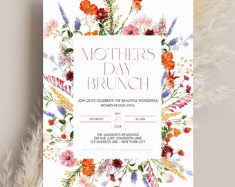 wildflower mothers day brunch invite, template, wildflower brunch invite, instant download, Mothers day invite