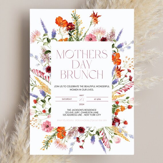 wildflower mothers day brunch invite, template, wildflower brunch invite, instant download, Mothers day invite