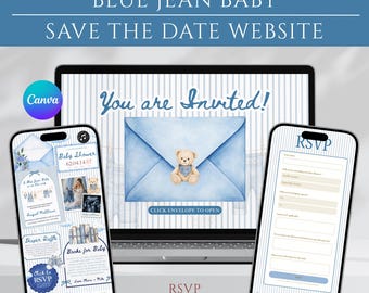 Website-Vorlage für eine Babyparty in Jeansblau, Save-the-Date-Karte für eine Babyparty in Jeansblau, Website für eine Babyparty im Denim-Stil, Canva-Vorlage für eine Babyparty für Jungen