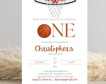 Basketball First Birthday Editable Invitation Template for Little Baller Party