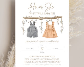 He or She Gender Reveal Invitation Template, gender reveal party invite, he or she editable invite, baby shower he or she Invitation